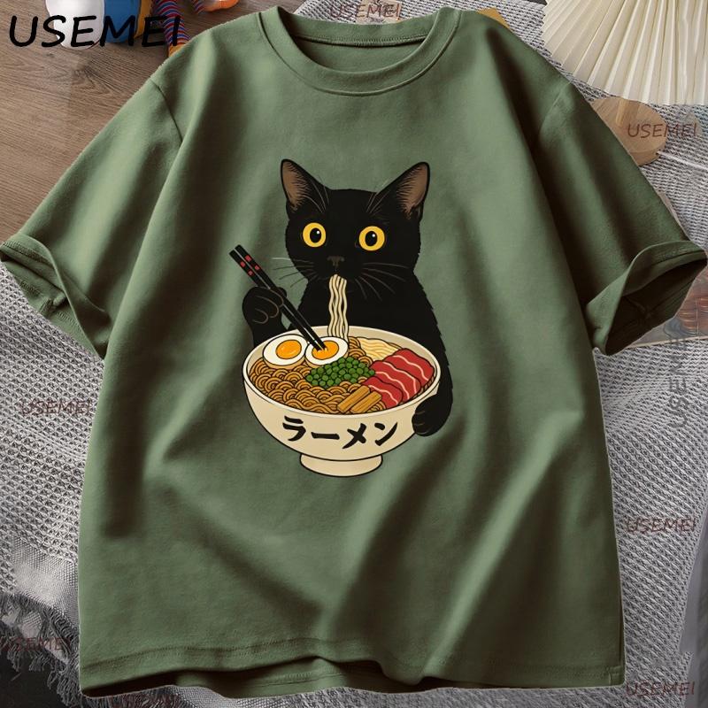 RaUnisex Noodle Black Cat T Shirt Foodie Lover Meme Top Cool T Shirt Casual Short Sleeve Round Neck Tshirt Streetwear Clothes
