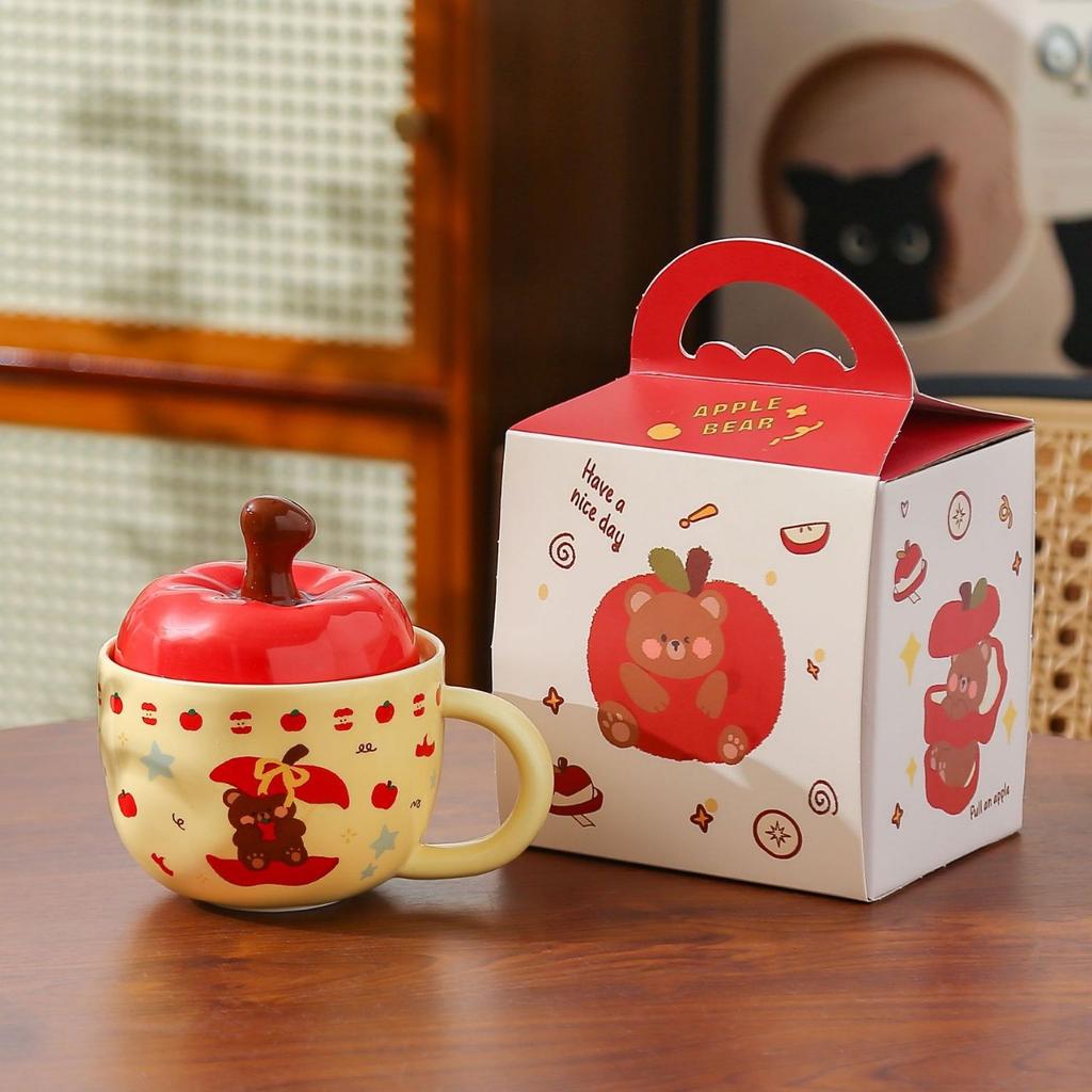 Creative Apple Ceramic Mug with Lid Retro Drinking Cup High Appearance Level Home Breakfast Cup Coffee Cup Souvenir