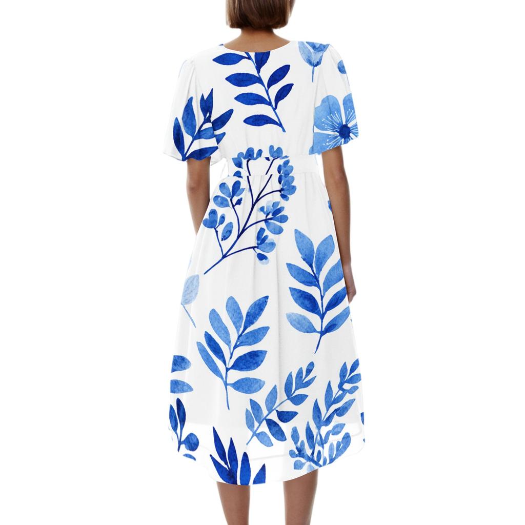 Damen Lässiges V-Ausschnitt Kurzarm Blumenprint Midi-Kleid Leichtes Sommerkleid mit A-Linien-Rock für den täglichen Gebrauch