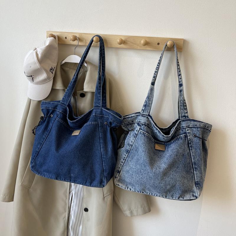 Washed Retro Denim Bag for Women  Versatile  Large Capacity  Shoulder Bag with Cord  Lazy New Bag