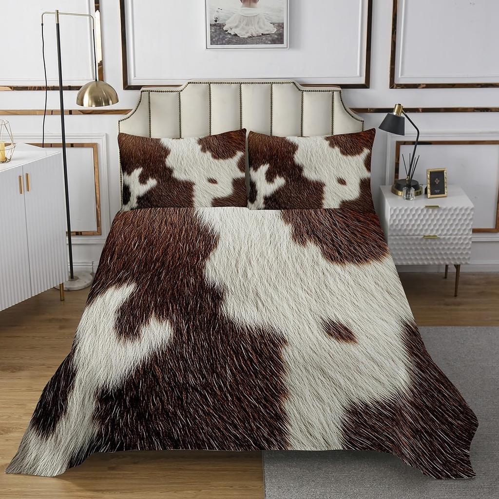 Cowhide Coverlet Set Farm Animal Fur Bedspread Queen/Full for Boy Girl Bedroom 2/3 Pcs Western Rustic Cowboy Farmhouse Quilt Set