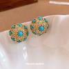Medieval Vintage Silver Needle Turquoise Flower Hollow Stud Earrings Retro Court Style Earrings High Sense Earrings Women
