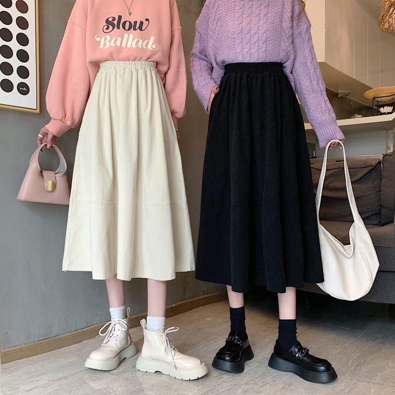 Elastic Waist Corduroy Skirt Women Autumn Winter Vintage Mid-length Skirt Solid High-waisted Korean Style Clothing