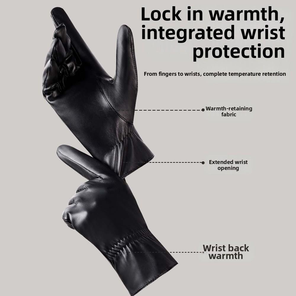 1pair Waterproof Black Thickened Gloves Solid Color Windproof Mittens PU Anti-cold Gloves  Driving