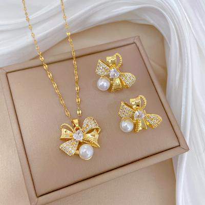 Classic Stainless Steel Gorgeous Zircon Bow Necklace Earrings Fashionable and Exquisite Temperament Evening Accessories