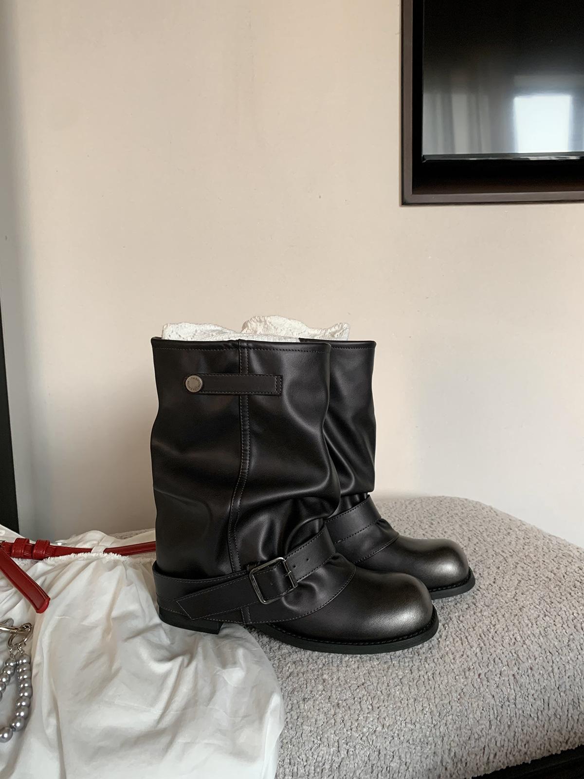 

Cowhide version of grape mother, the same Spice Girl pant tube boots, women s fashionable wasteland wind pleated buckle, western cowboy boots, short b 40