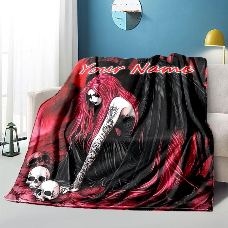 1PC Custom Name Dark Angel Skulls Blanket Versatile,all-season Throw Suitable for the Living Room,bedroom,camping,travel,and Gift