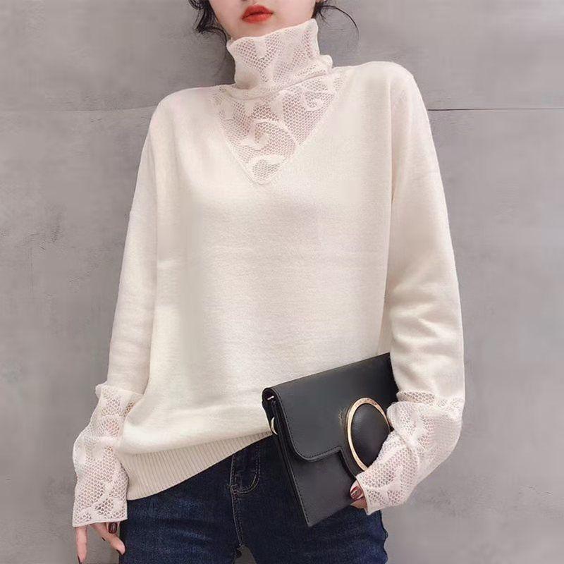 

Women s Autumn Winter Cowl Neck Knitted Sweater Loose Long Sleeve Lace-Appliquéd Base Layer Pullover one size білий