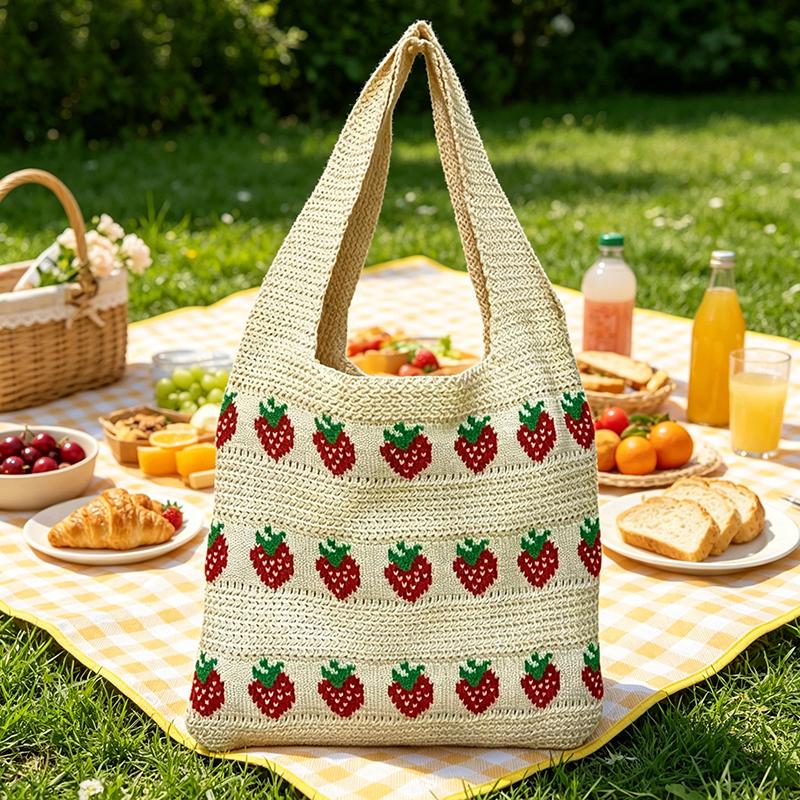 Yogodlns Shoulder Bag For Women Summer Strawberry Knitted Tote Bag Lightweight Travel Minimalist Shopper Hand Bag