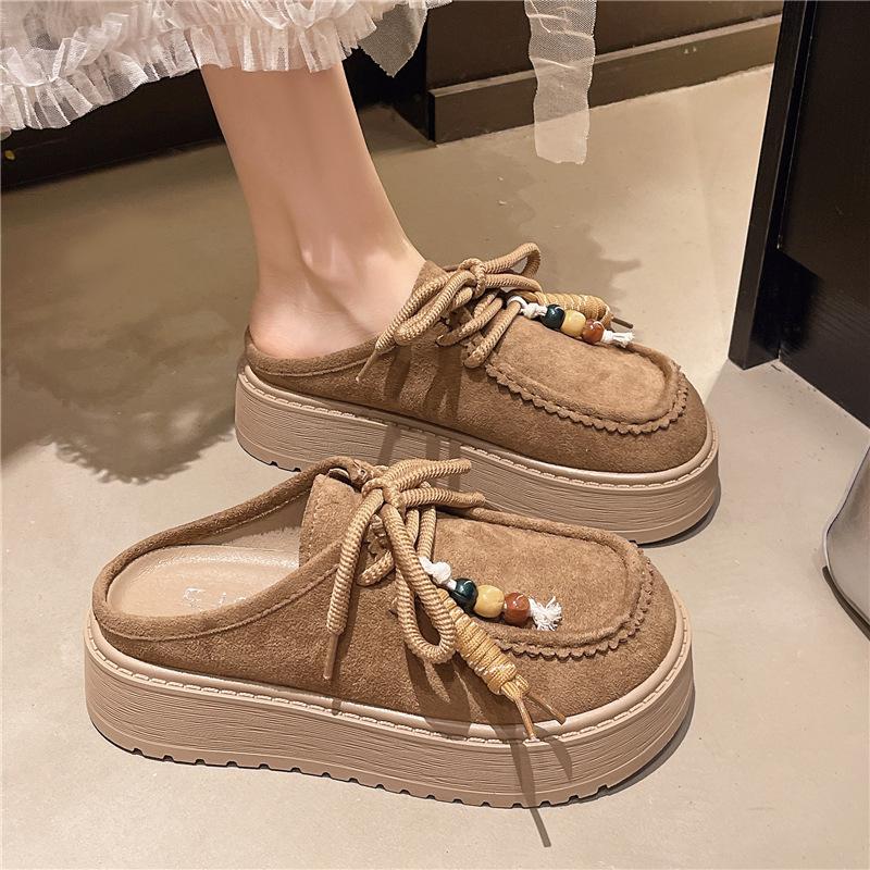 Baotou Half Slippers Women's Thick Soles 2025 New Heightening Birkenstock Slippers Retro Ethnic Style One-pedal Lazy Shoes