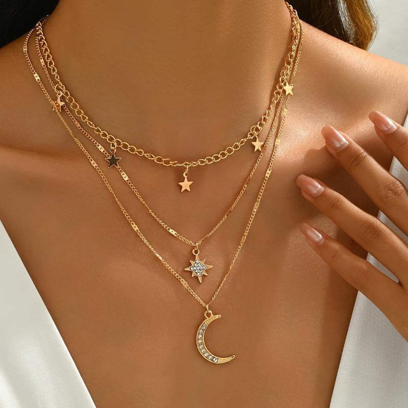 

Women Layered Gold Celestial Moon Star Rhinestone Pendant Necklace 1pcs золотой