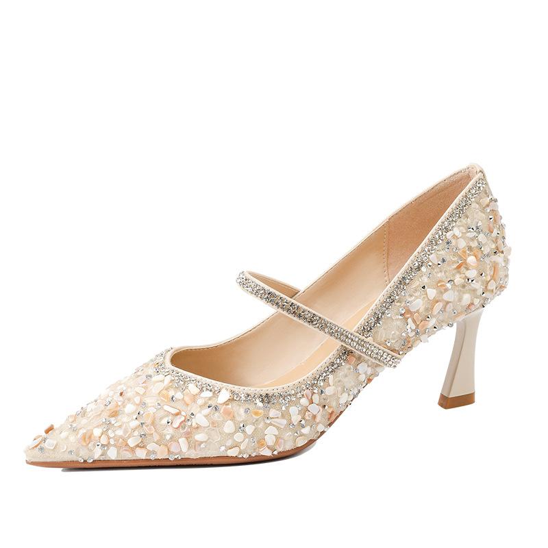 Sheepskin rhinestone shell high heels women's pointed toes stiletto bridesmaids wedding dress bride wedding shoes one word with single shoes