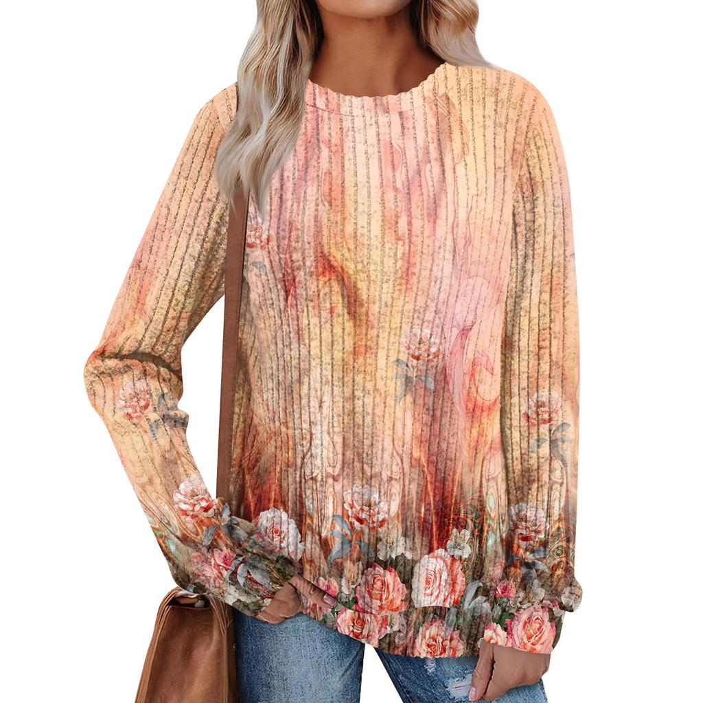 Women's Winter Color-Block Printed Lightweight Brushed-Cotton Round Neck Top
