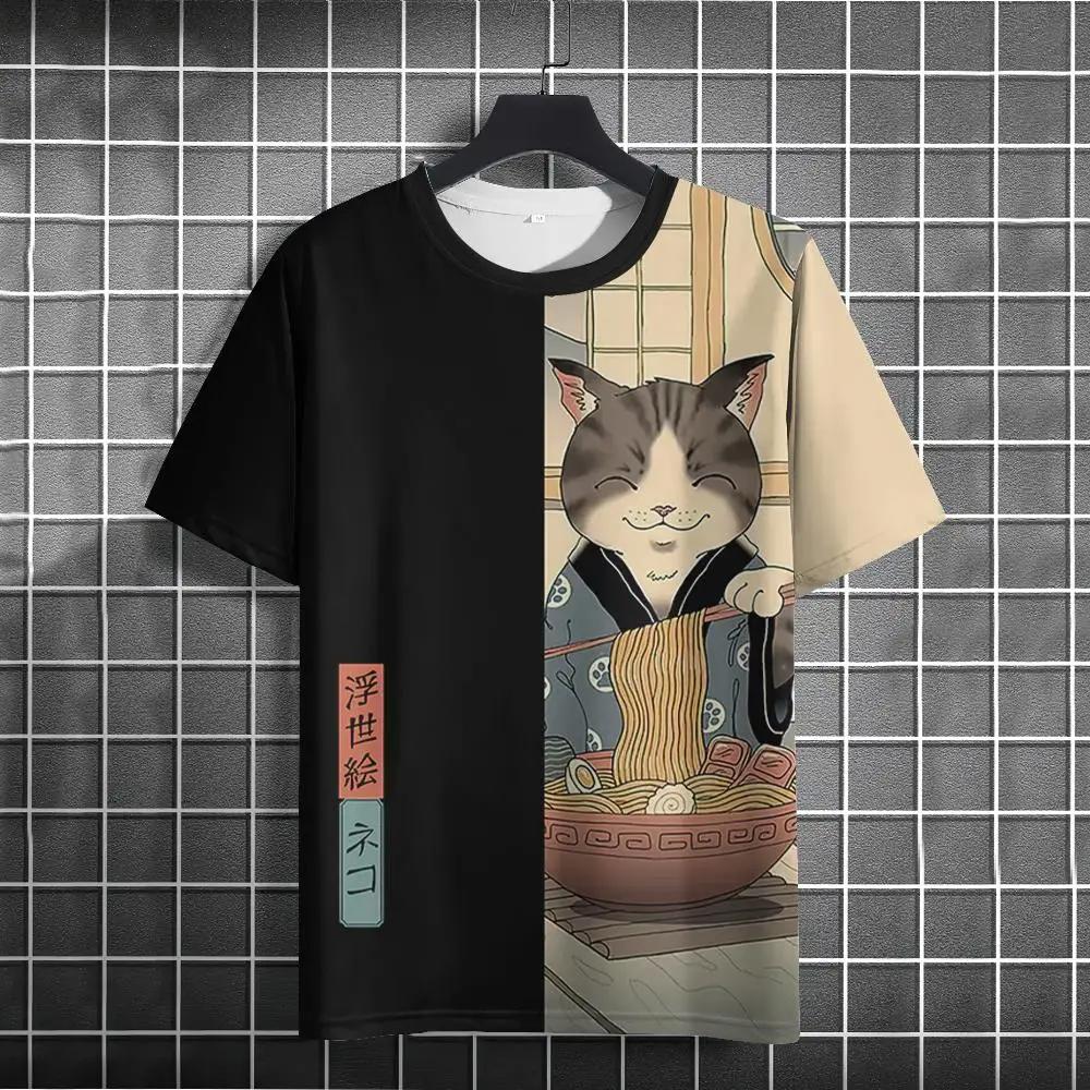Retro Anime Cat Pánské tričko Léto s výstřihem do O Neformální Trička s krátkým rukávem Nadměrná velikost Pánské oblečení s krátkým rukávem Mužské streetwearové topy