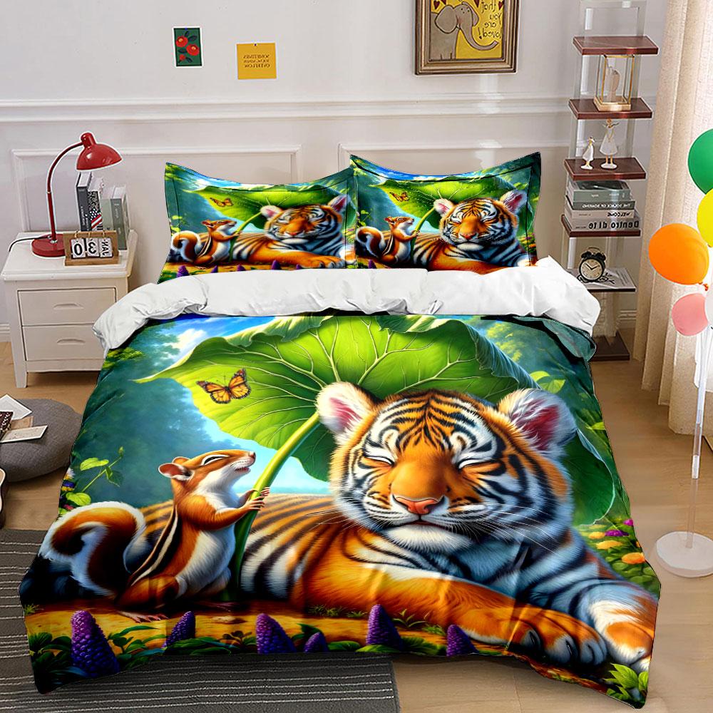 Squirrel And Tiger Sharing Shade Duvet Cover Set With 3D Printing Design Soft Polyester Bedding Set All-Season Comfort EU Twin 135X200cm&set