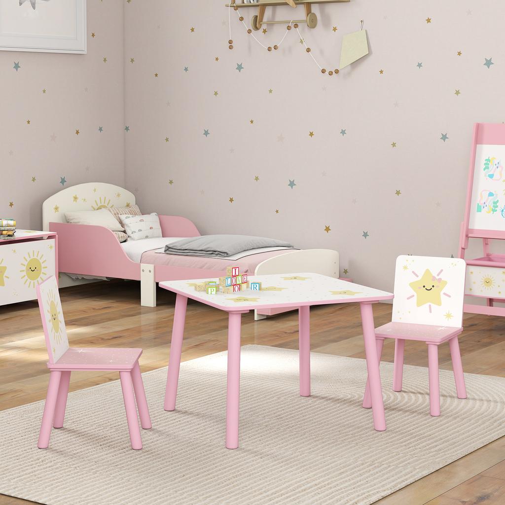 Children's Room Furniture Set with Table and 2 Chairs for Children Ages 3-8 with Star Pattern, Pink