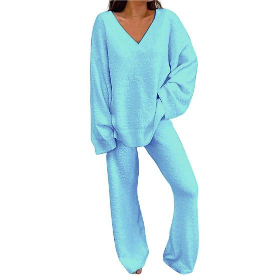 

2 Pcs/Set Women Pajamas Set Loose V Neck Long Sleeves Solid Color Elastic M світло-синій колір