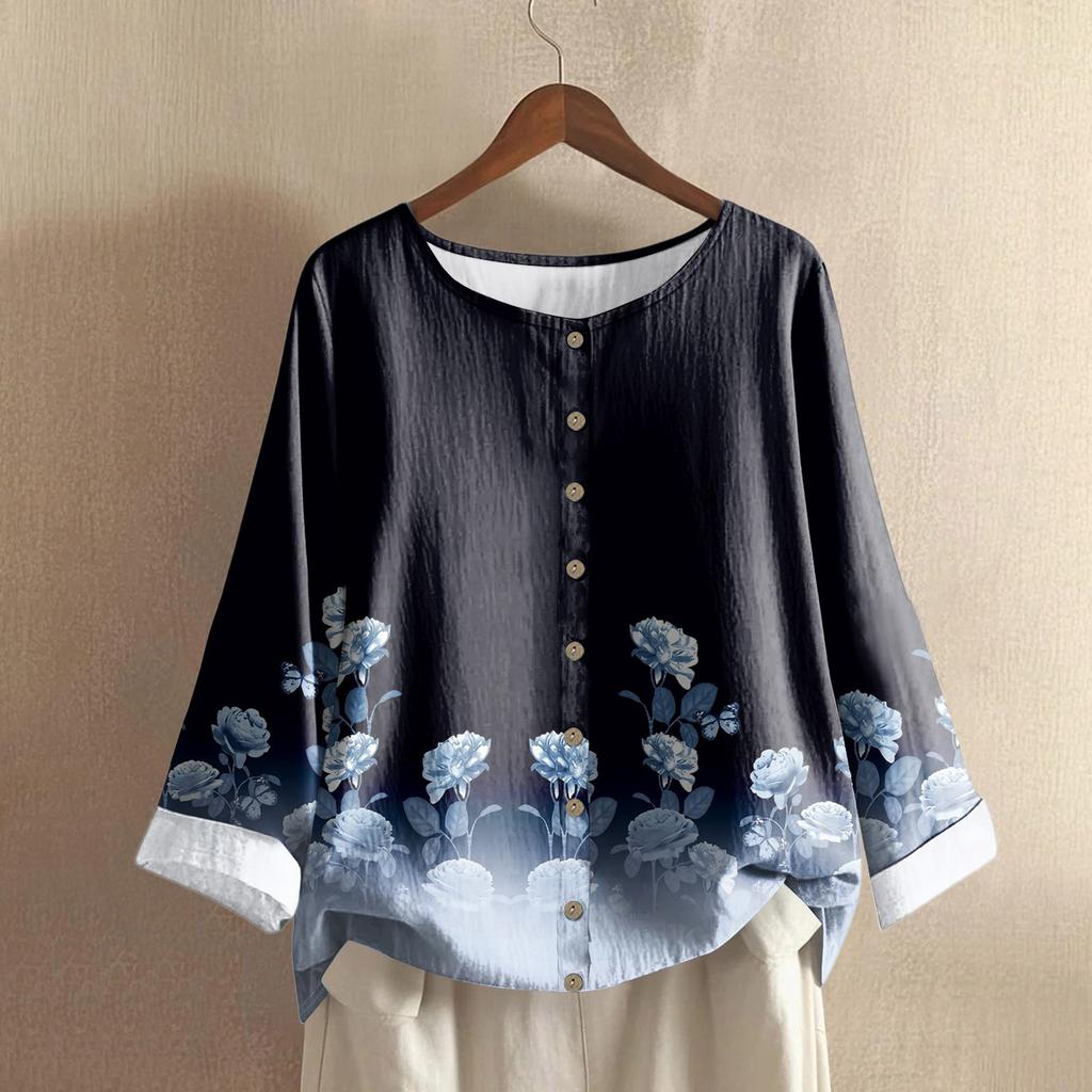 Women's Casual Long-sleeved Round-neck Retro Gradient Printed Cotton And Linen Top