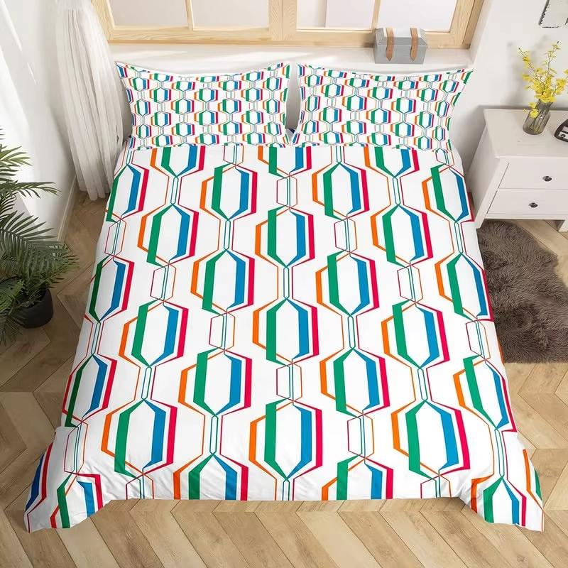 Retro 70-tals King Påslakan Mikrofiber 3D Abstrakt Geometri Täcke Örngott Mellankrigstiden Exotiskt Blommigt Sängklädesset