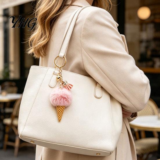 Soft Decorative Charm Plush Ice Cream Keychain for Backpacks, Fluffy Cone Keyring Decor Bag Charm, Pendant with Metal Ring Backpack Decoration