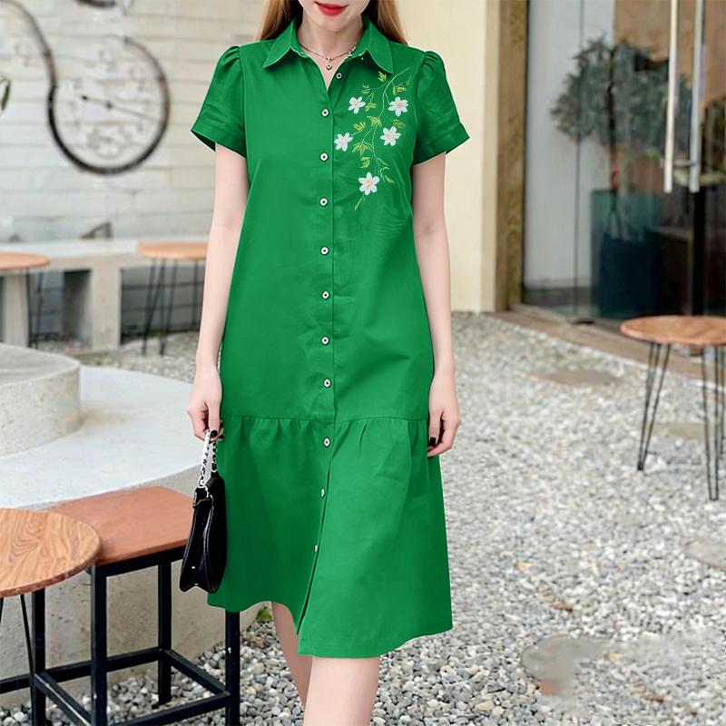 ZANZEA Women Casual Turn Down Collar Floral Print Short Sleeve Dress S зелёный