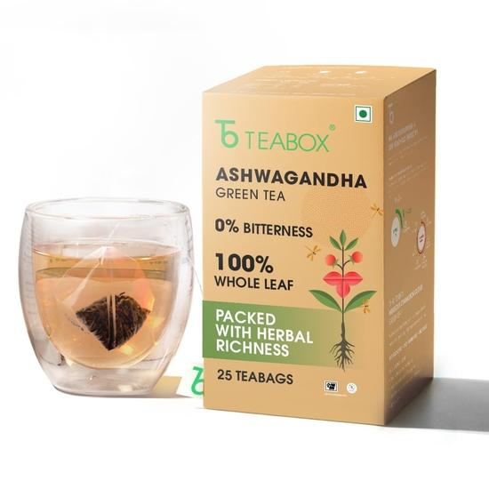 Teabox Ashwagandha-Grüntee, 25 Teebeutel | Ayurvedische Mischung aus erstklassigem Grüntee und natürlichem Ashwagandha | Stärkt das Immunsystem und verbessert das Gedächtnis