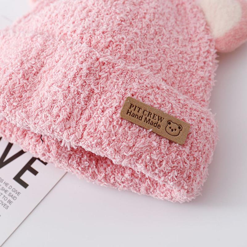 Baby Plysjlue Vinter Varm Korallfleece Beanie Lue for Småbarn Gutt Jente Ensfarget Søte Katteører Barn Strikkeluer Tegneserie