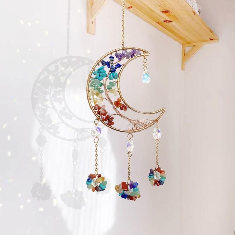 Hanging Crystal Stone Craft Dreamcatchers Colorful Moon Shape Suncatchers Ornament Rainbow Maker Car Hangers Home Decors