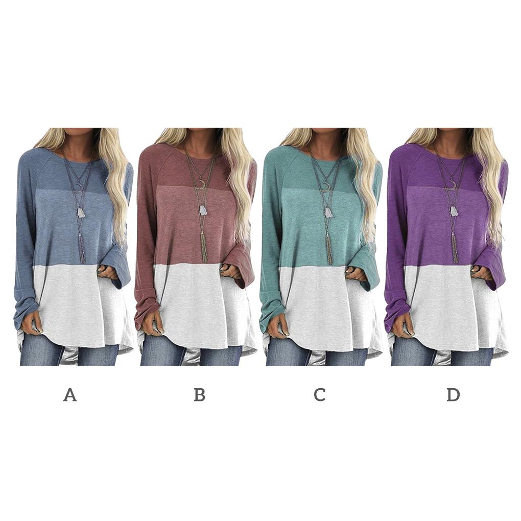 Damen T-Shirt Langarm Rundhals Kontrastfarbe Baumwoll-Top