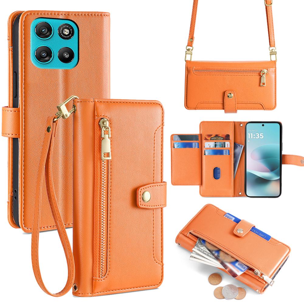 Voor Motorola Moto G67 Power 5G Leren Hoesje Portemonnee met Ritsvak Telefoonhoes met 2 Riemen