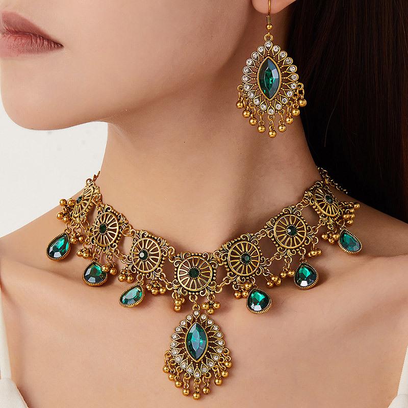 Vintage Dubai Indian Tassel Beads Pendant Jewelry Sets for Women Ethnic Crystal Necklace Earrings African Jewelry Set