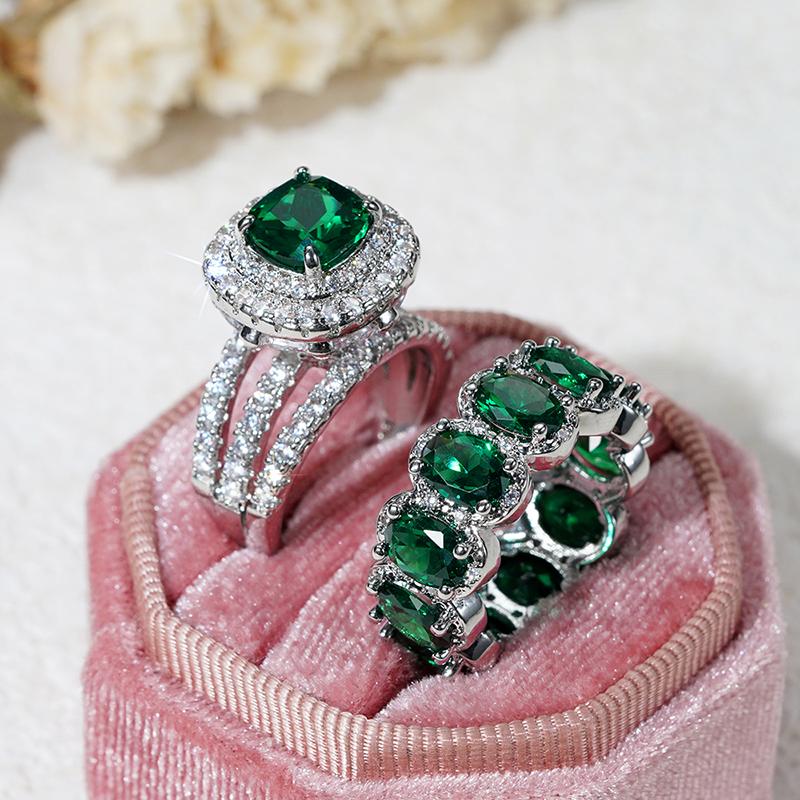 

Huitan Gorgeous 2Pcs Wedding Rings for Women White/Pink/Green/Black Cubic Zirconia Set Rings Luxury Trendy Engagement Zircon 12
