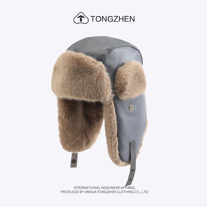 Leather Lei Feng hat, unisex, thickened for warmth, with ear protection, suitable for outdoor activities like skiing and cycling, and lined with