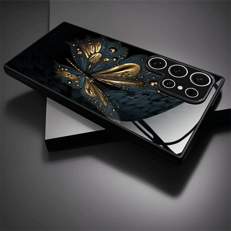 Black Golden Element Butterfly Tempered Glass Phone Case for Galaxy S26 S25 S24 S23 Ultra S22 Ultra S20 Ultra 56 A72 A73 5G