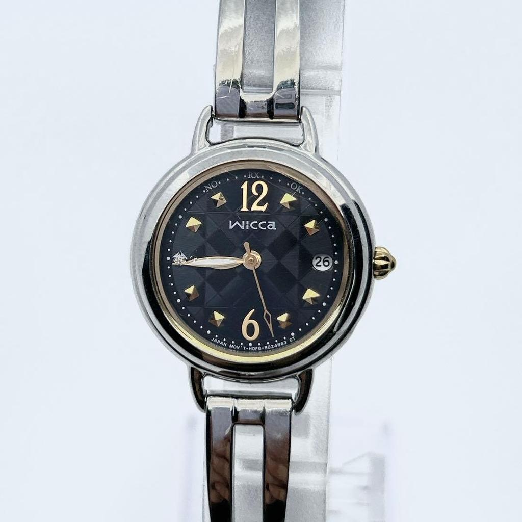 Used CITIZEN wicca solar radio clock diamond ladies black dial watch