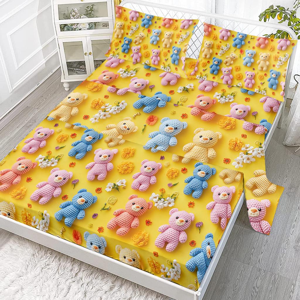 Cartoon Fairy Tale Style, Bright Yellow Plush Bear Four-Piece Set, Including 1 Bed Sheet, 1 Duvet Cover, 2 Pillowcases
