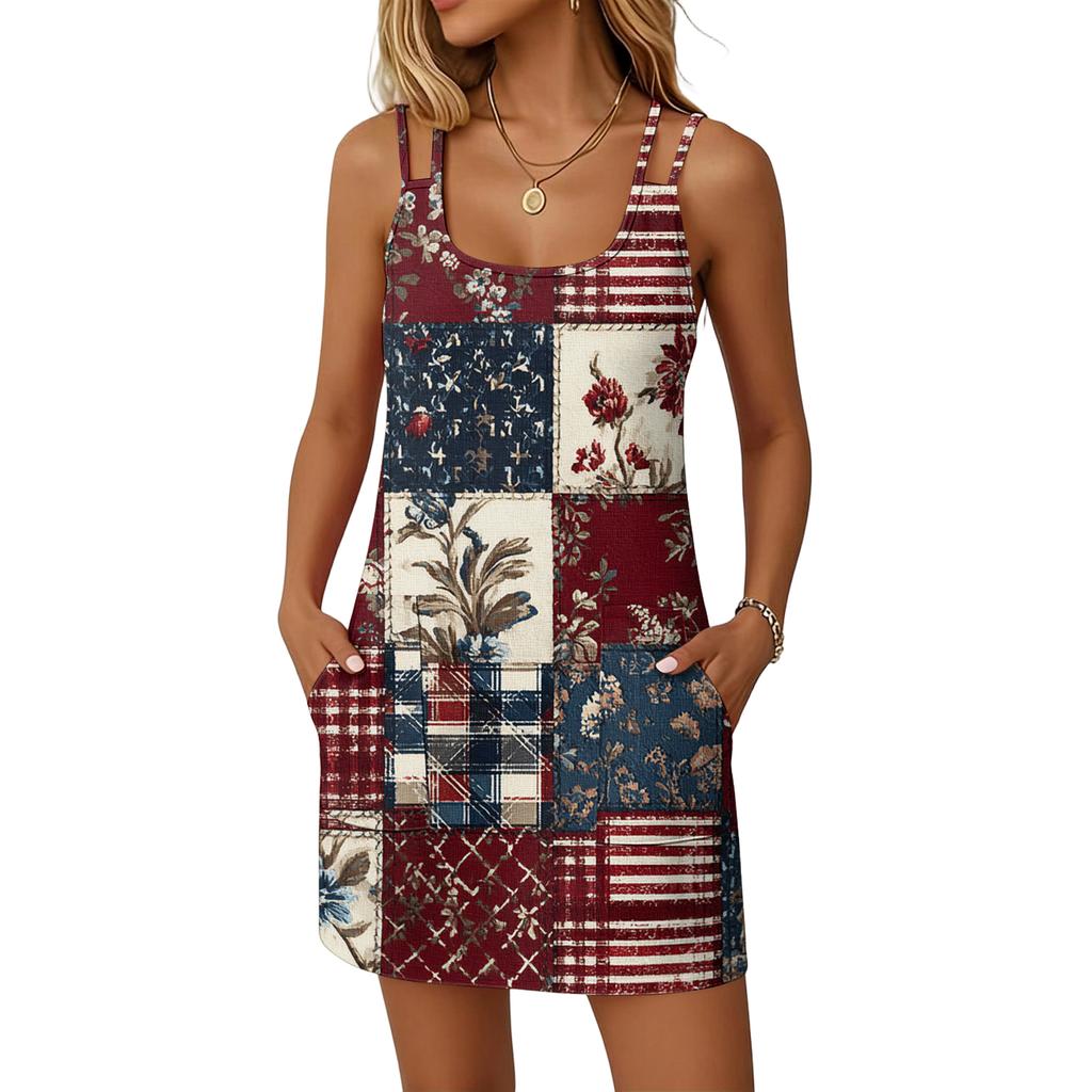 Women’s Fashionable Casual Independence Day Printed Dress, Double-Strap Dress With Pockets