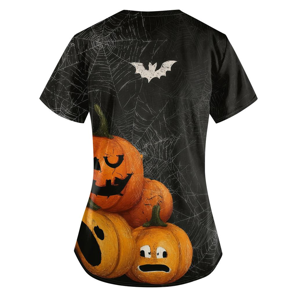 Women Halloween Print Loose Fit V Neck Short Sleeve Scrub Top Nurse Uniform with Pockets Suitable for Healthcare Professionals