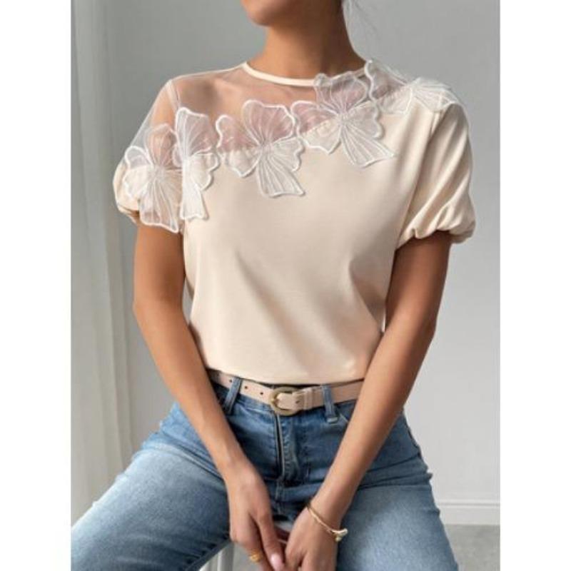 The New Women's Fashionable and Elegant Short-sleeved Shirt with Mesh Fabric Patchwork for Ladies