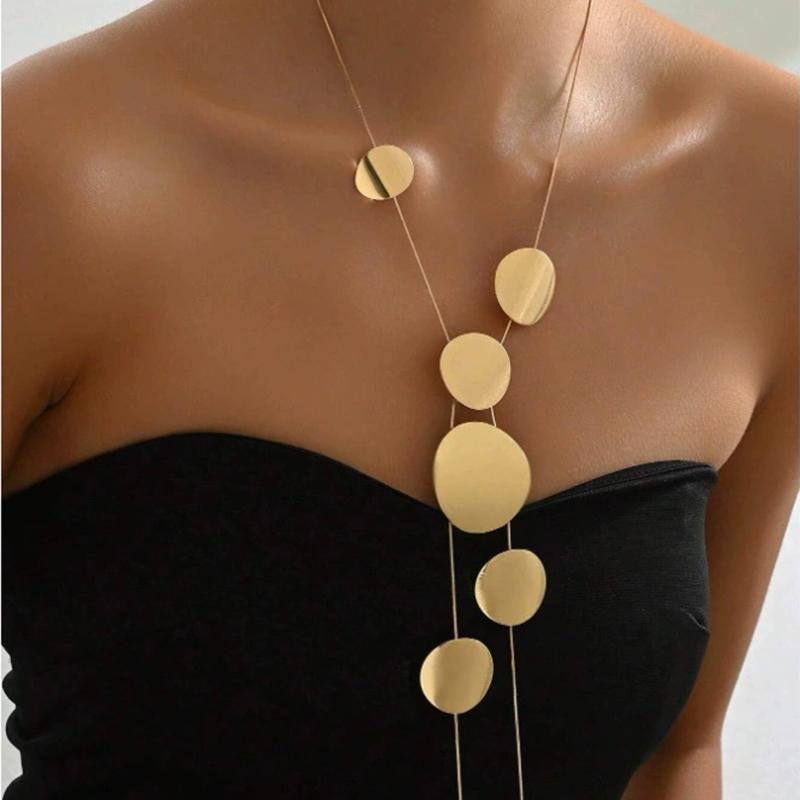 Circular Heart-Shaped Geometric Necklace Hollow Y-Shaped Design Creative Long Pendant Tassel Necklace Women's Trendy Jewelry