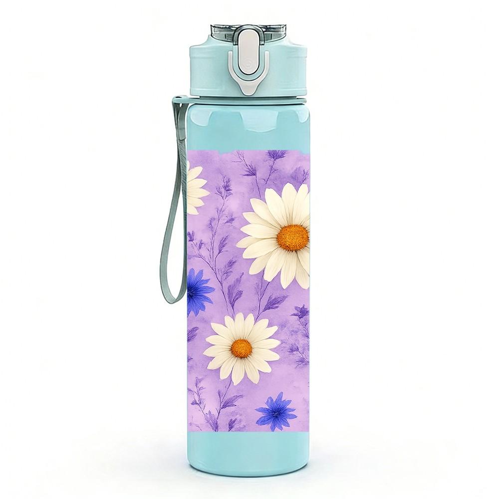 1PC Purple Daisy Floral Pattern 750ml Color Plastic Sports Water Bottle Leakproof Flip Straw Lid Suitable for Sports Office Home Use