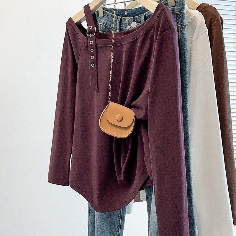 

Plus Size Irregular One-Shoulder Long-Sleeve T-Shirt - Women s New Loose Slimming Top for Spring and Autumn XL (recommended 60-70kg)