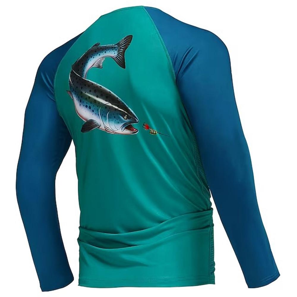 2024 Men's Fishing Shirt Long Sleeve Piranha Sea Wave Print Outdoor Running Training Breathable O Neck T-Shirt Fishing Clothing