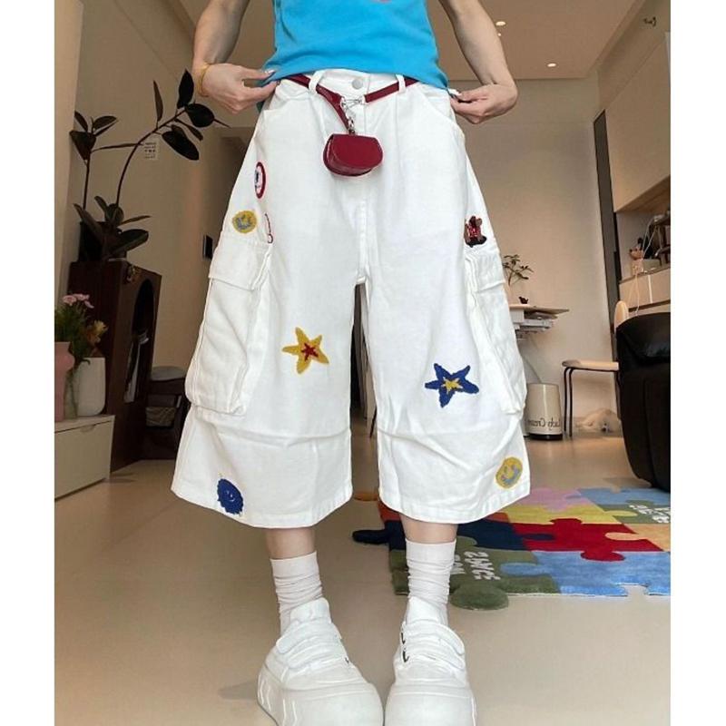 

Брюки карго с вышивкой в виде звезд, женские, летние, свободного кроя, уличная одежда, прямые брюки, женские, с большим карманом, шорты женские 2025 S белый