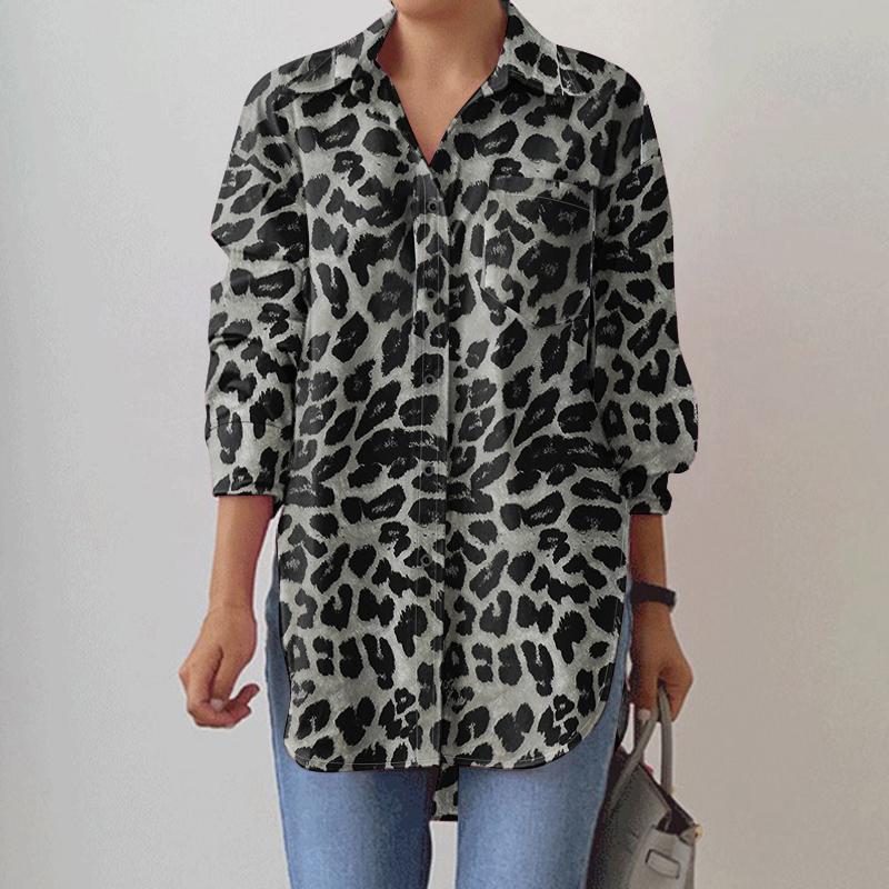 

ZANZEA Жіноча Вільна Повсякденна Блузка з Леопардовим Принтом та Довгим Рукавом 4XL темно-сірий