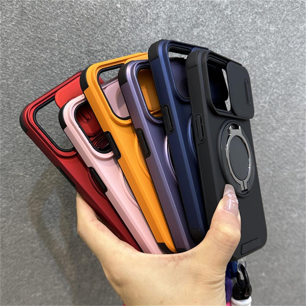Armor Ring Stand Holder Slide Window Magnetic with Wrist Strap Phone Case for iPhone 16 15 Pro Max 13 12 11 14 Plus Bumper Cover