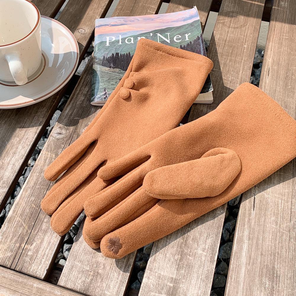 Solid Color Button Design Winter Gloves - Velvet Lined, Fashionable, Warm, Long Finger Cycling Gloves for Cold Protection