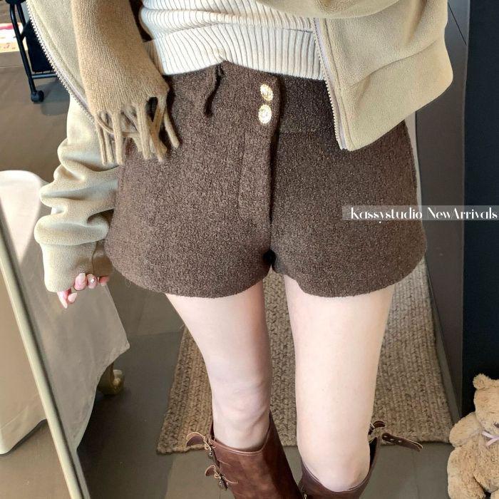

Retro Coffee Woolen Casual Winter Shorts - A-line Straight Leg, Hip-hugging Style L кофейный