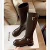 Cowhide~ Leather Boots Women's Small Brown Boots Autumn and Winter Boots Skinny Tall Boots Thick-soled Knight Boots