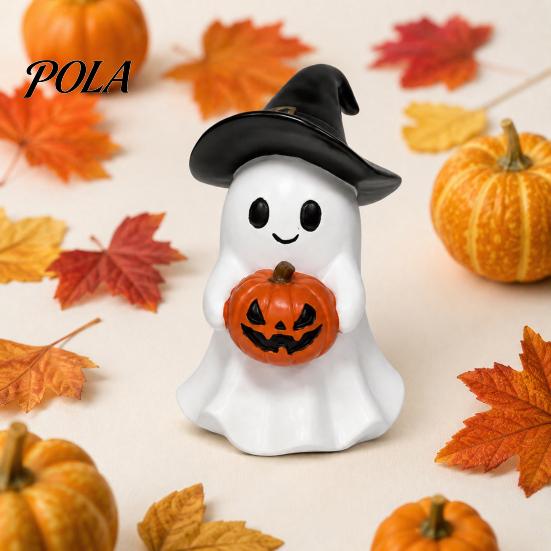 Whimsical Halloween Statue Ghost Figurine, Cute Resin Holding Pumpkin Small Party Prop for Desk Tabletop Indoor Home Decor Warm Glow Atmosphere Lamp